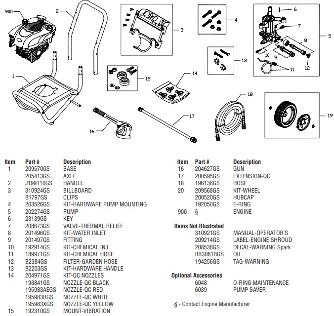 Briggs & Stratton pressure washer model 020419-0 replacement parts, pump breakdown, repair kits, owners manual and upgrade pump.